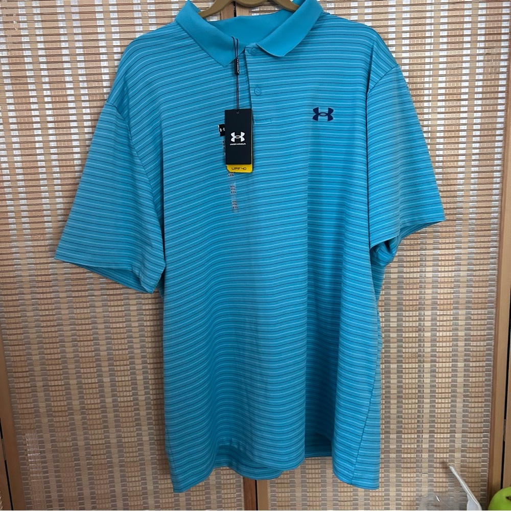 Under Armour Performance Golf Polo Mens 2XL Blue Striped UPF 40 NWT